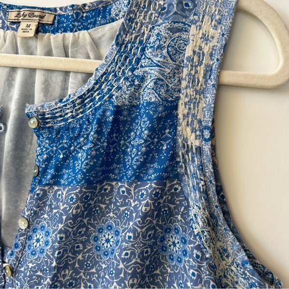 Lucky Brand Blue Floral Boho Patterned Sleeveless Prairie Tie Waist Dress Sz M - Picture 4 of 12